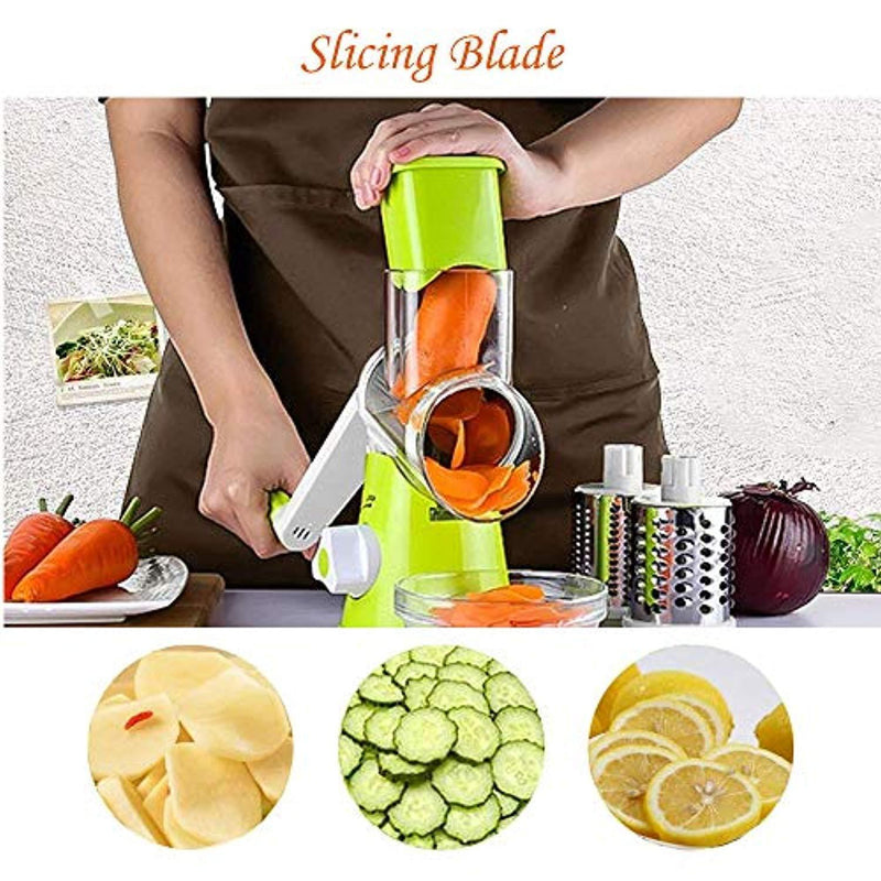 Cheese Grater Rotary Handheld Vegetable Slicer Rotary Drum Grater 3-Blades Manual Vegetable Mandoline Chopper with Suction Cup Feet Vegetable Fruit Cheese Shredder Stainless Steel by SUPERKIT