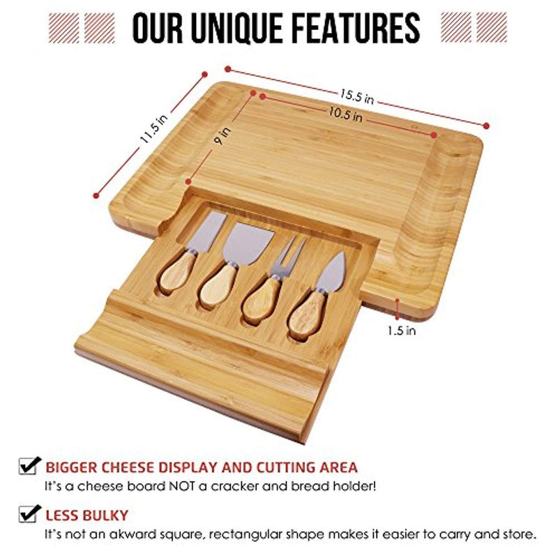 100% Natural Bamboo Cheese Board and Cutlery Set with Slide-out Drawer by Home Euphoria . Serving Tray for Wine, Crackers, Charcuterie. Perfect for Christmas, Wedding & Housewarming Gifts.