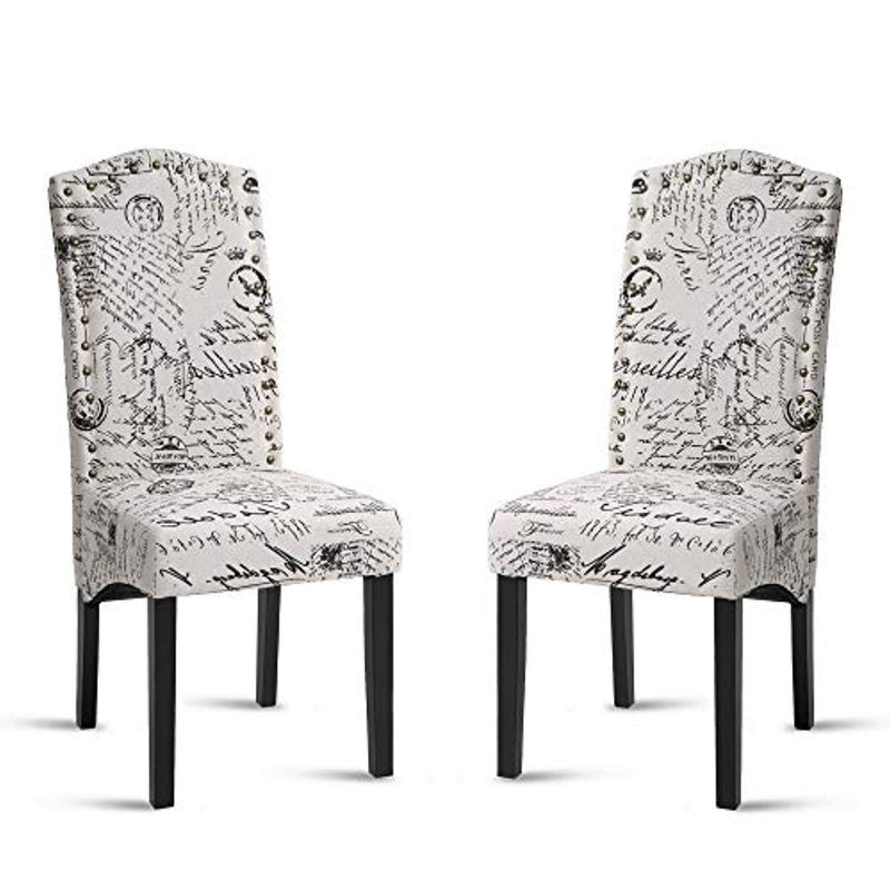 Merax Script Fabric Accent Chair Dining Room Chair with Solid Wood Legs, Beige,Set of 2