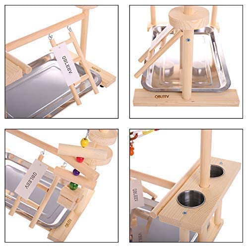 QBLEEV Parrot Playstand Bird Play Stand Cockatiel Playground Wood Perch Gym Playpen Ladder with Feeder Cups Toys Exercise Play (Include a Tray)