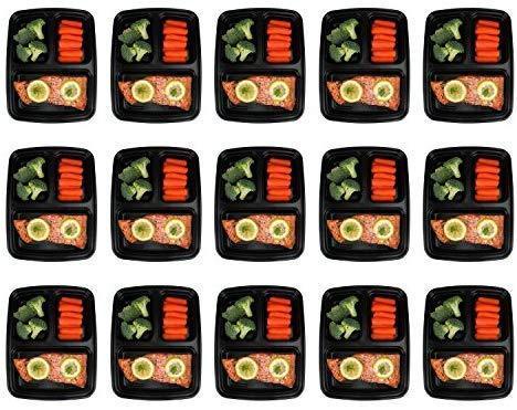 CulinWare Meal Prep Containers [15 Pack] 3 Compartment with Lids, Food Containers, Lunch Box | BPA Free | Stackable | Bento Box, Microwave/Dishwasher/Freezer Safe, Portion Control, 21 day fix (32 oz)