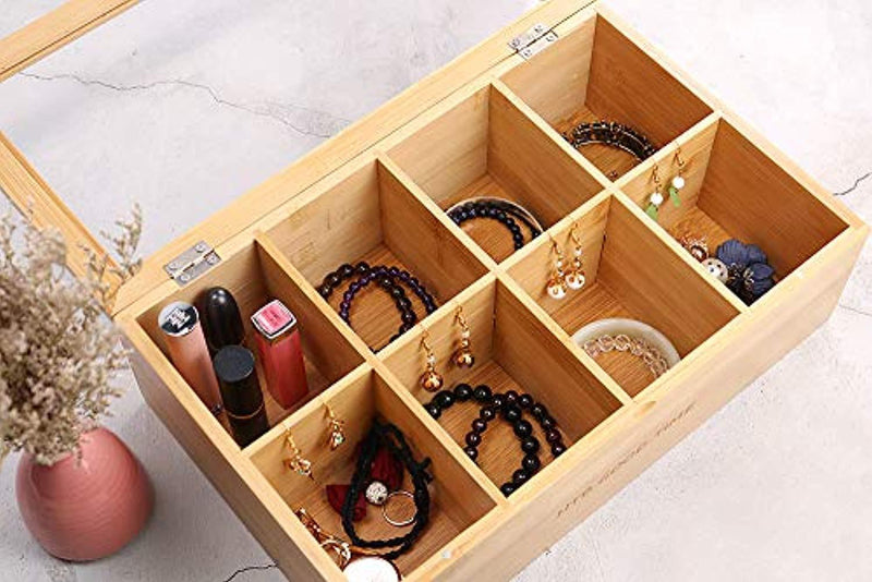 Bamboo Tea Bag Container, “GOOD TIME” Engraved Tea Box Organizer, Tea Bag Chest With Transparent Lid, 8 Compartments organizers and storage With Magnetic Closure By HTB