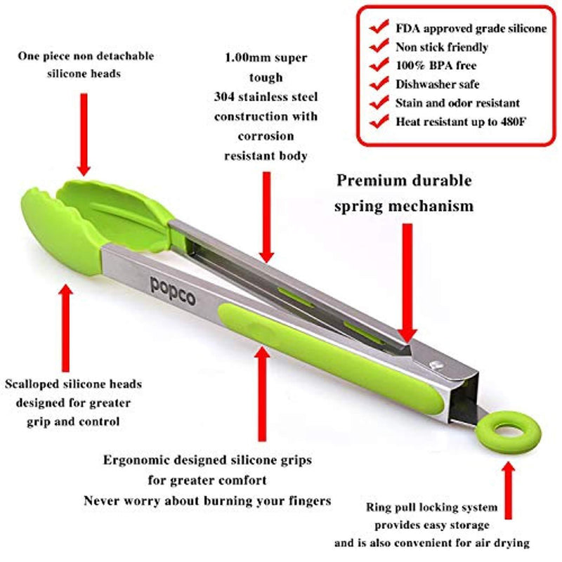 The Original POPCO Tongs, Set of 3-7,9,12 Inch, Heavy Duty, Stainless Steel BBQ/Kitchen Tongs with Silicone Tips