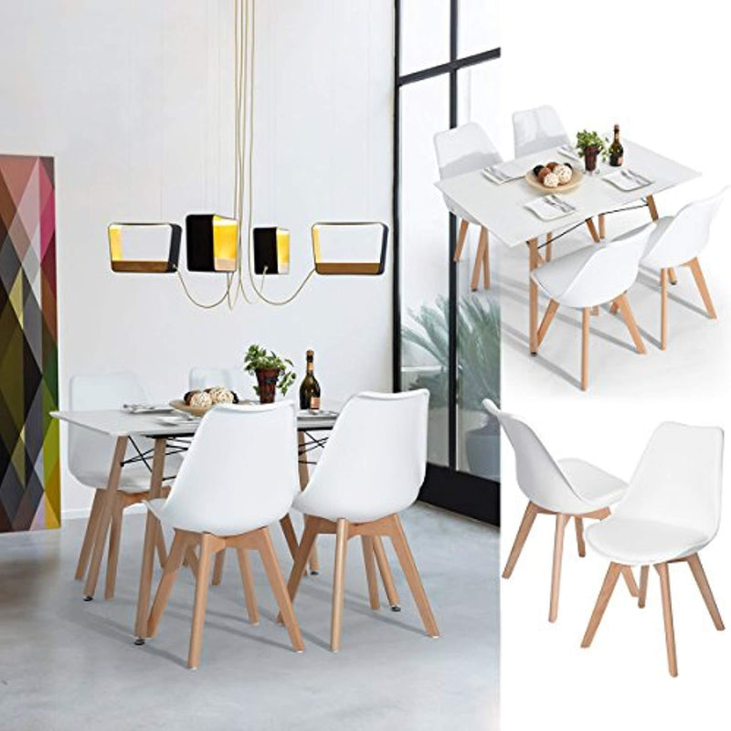 FurnitureR Set of 4 Dining Chair Tulip Natural Solid Wood Legs Design with Cushioned Pad Armless Lounge Chairs Kitchen White