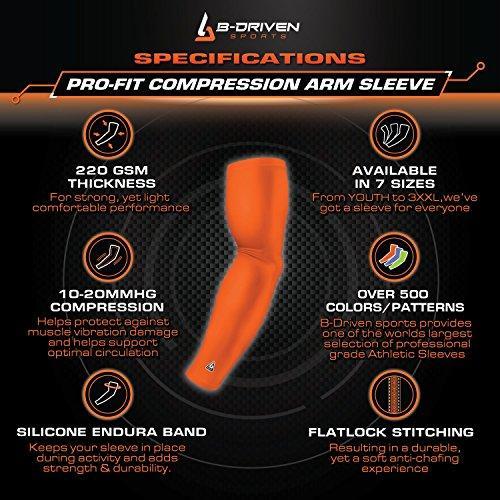 B-Driven Sports Pro-Fit Compersssion Arm Sleeves - 1-Pair, 30+ Designs, Adult/Youth Sizes, for Athletic and General Purpose Use.