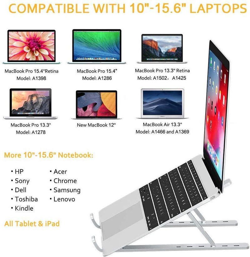COMSOON Laptop Stand, Adjustable Portable Laptop Holder for Desk, Aluminum Ventilated Notebook Riser for MacBook Air Pro, Dell XPS, More 10-15.6 inches PC Computer, Tablet, iPad (Silver)