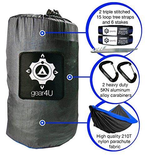 gear4U: Two Person, Double Camping Hammock with 2 Heavy Duty Tree Straps, 2 Pockets, 6 Tie Downs and Stakes. Strong Nylon Material. Best Gear for Backpacking, Hiking, Camping, Travel, Beach or Yard