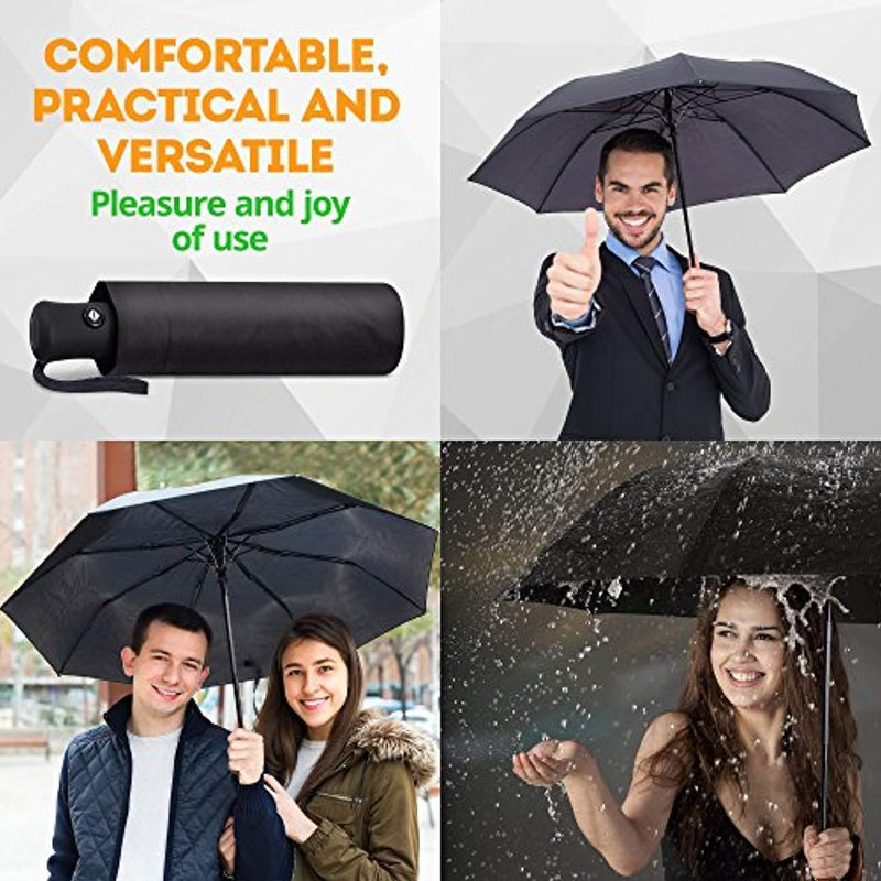 Compact Umbrella - Black Windproof Umbrella - Automatic Folding Travel Umbrella for Men & Women