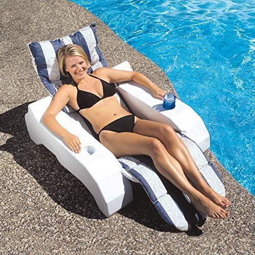 Poolmaster Swimming Pool Floating Chaise Lounge, Caribbean, Blue Stripe