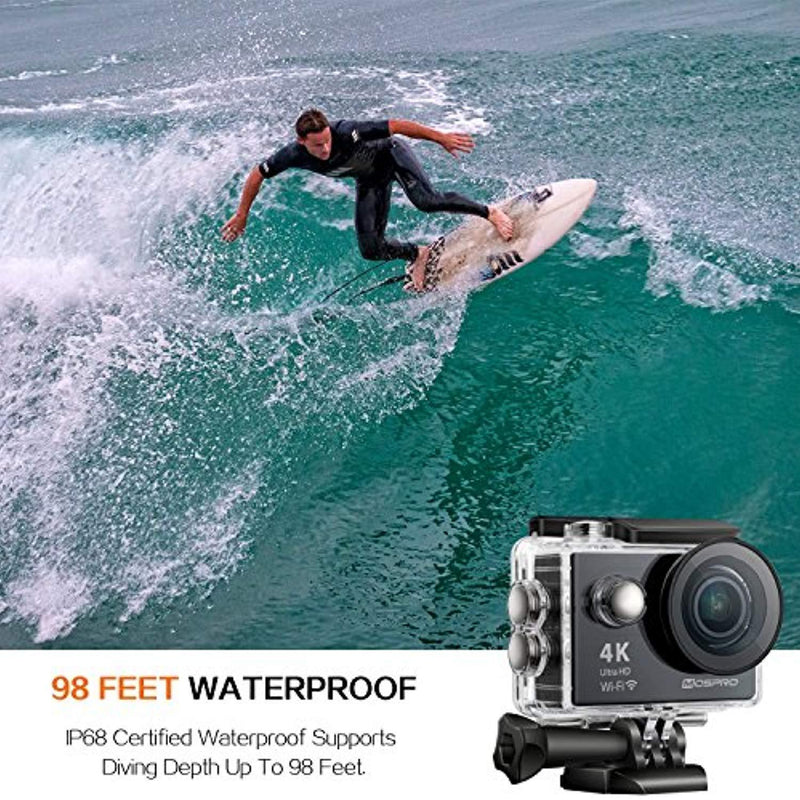 MOSPRO FT7500 Action Camera, 4K Ultra HD Wifi Waterproof 170 Degree Wide Angle 12 MP DV Camcorder Sports Camera with 2.4G Remote Control 2Pcs 1050mAh Batteries 19 Mounting Kits(2017 New)