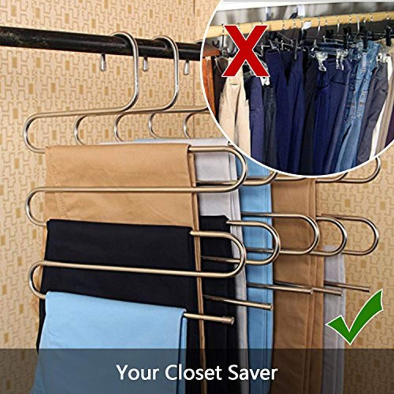 DS Pants Hangers S-Shape Trousers Hangers Stainless Steel Clothes Hangers Closet Space Saving Organizer for Pants Jeans Scarf Hanging Silver (4 Pack with 10 Clips)