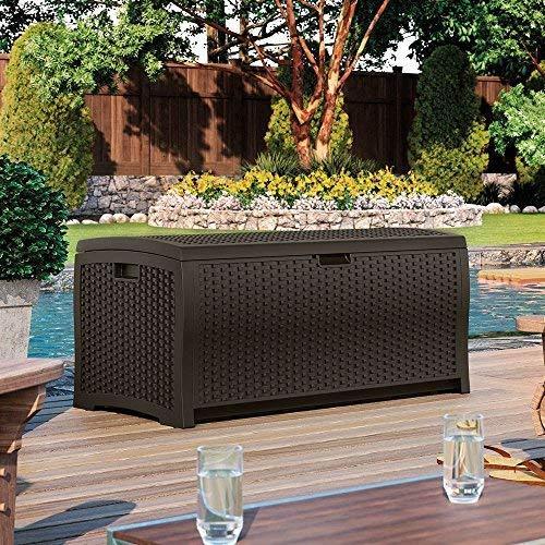 Suncast 73-Gallon Medium Deck Box - Lightweight Resin Indoor/Outdoor Storage Container and Seat for Patio Cushions, Gardening Tools and Toys - Store Items on Patio, Garage, Yard - Mocha Brown