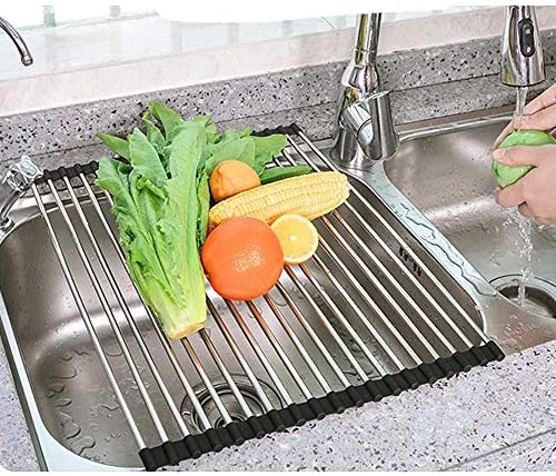 Miligore Over Sink Dish Drying Rack 21 inches x 16 inches, 304 Stainless Steel Large Sink Rack Dish Drainers Rack, Foldable, Rollable and Easy to Store, Black