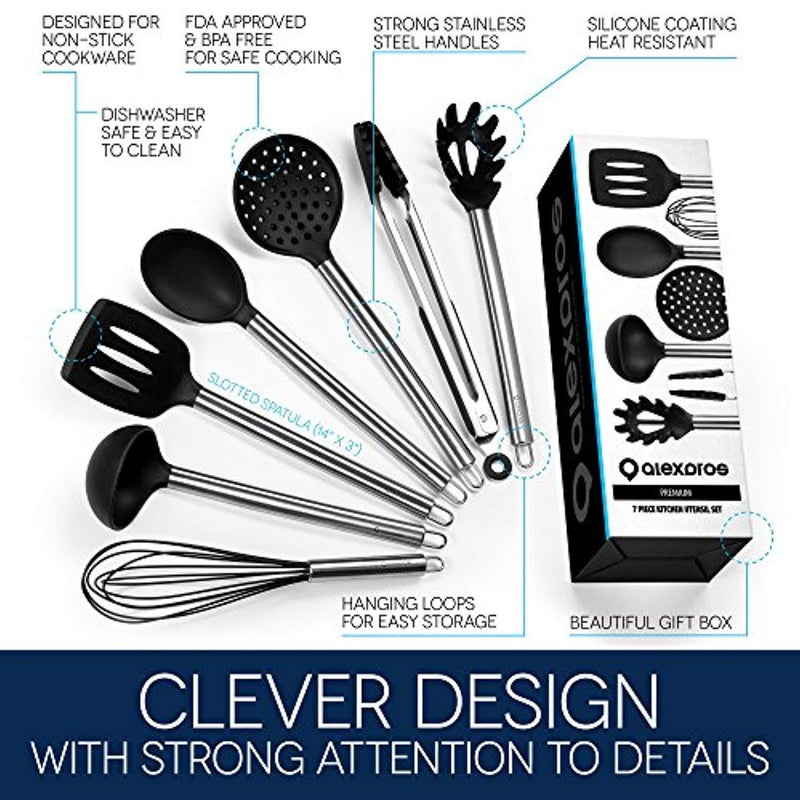 Silicone Cooking Utensils Set - Kitchen Utensil Set - Kitchen Utensils Set - 7 Silicone Utensils Set - Stainless Steel Utensils - Cooking Utensil Set Spatula Set - Kitchen Tools (Regular-new)