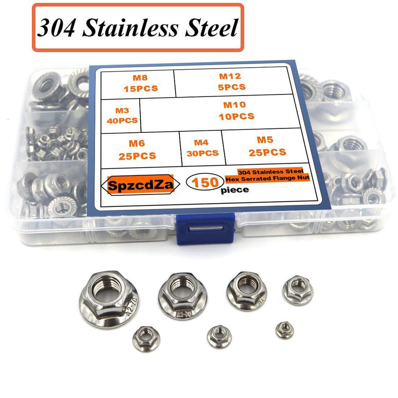 SpzcdZa 150pcs 304 Stainless Steel Serrated Hex Flange Nuts Flange Metric Hex Lock Nuts Assortment Kit (M3 M4 M5 M6 M8 M10 M12)