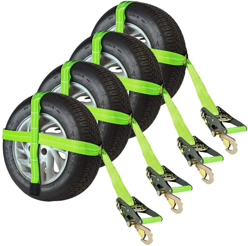 VULCAN High-Viz Adjustable Loop Auto Tie Downs with Snap Hook - 3300 lbs. Safe Working Load, 4 Pack - Easily Trailer Any Car, Truck, SUV, Jeep, Or Sportscar