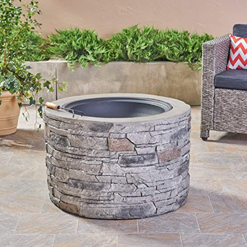 Great Deal Furniture Dione Outdoor 32" Wood Burning Light-Weight Concrete Round Fire Pit, Grey