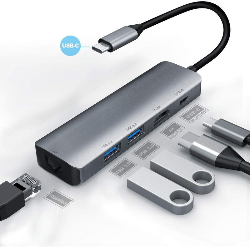 USB-C Multi-Port Adapter with 4K HDMI, Gigabit Ethernet, 2 USB 3.0, USB C Hub, Type-C PD Charging Dock for MacBook pro 13/15 2018,2017,2016,MacBook Air 2018,iPad pro 2018(Thunderbolt 3) Dongle