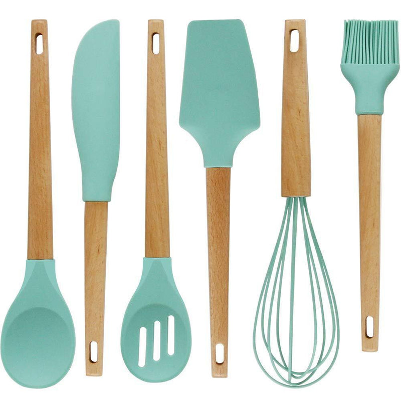 Baking Utensils Set,Silicone Baking Tool Supplies kitchen Gadgets Set of 6, Wood Handle Balloon Whisk,Slotted Spoon,Solid Spoon,Spatula,Long Scraper and Pastry Brush