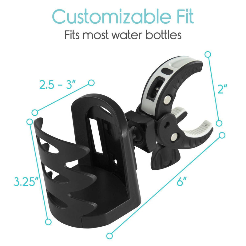 Vive Cup Holder - Attachable Cupholder for Stroller, Wheelchair, Desk, Water Bottle, Coffee Mug, Drink Glass & Can - Adjustable Mountable Clip for Bike, Rollator - Large, Universal & Portable w/Clamp