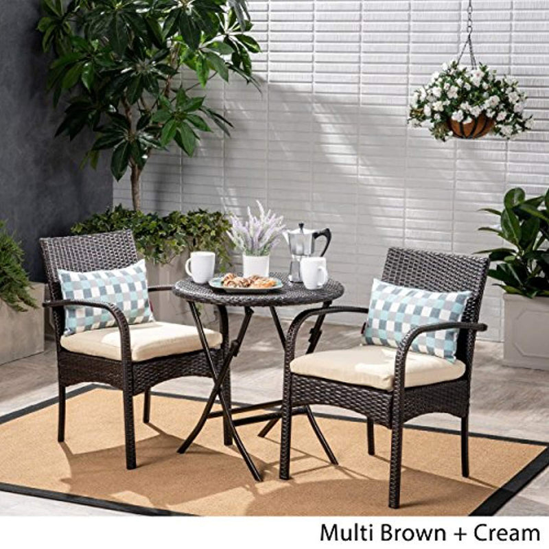 Great Deal Furniture Kevin Outdoor 3 Piece Wicker Bistro Set, Multi Brown with Cream Cushion