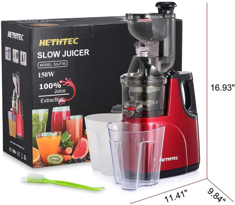 Masticating Juicer Machines, Hethtec Cold Press Juice Extractor with Large Double-Chute and Clean Brush for Fruits and Vegetables, High Yield, BPA-Free, 60R/M, 150W (red-1)