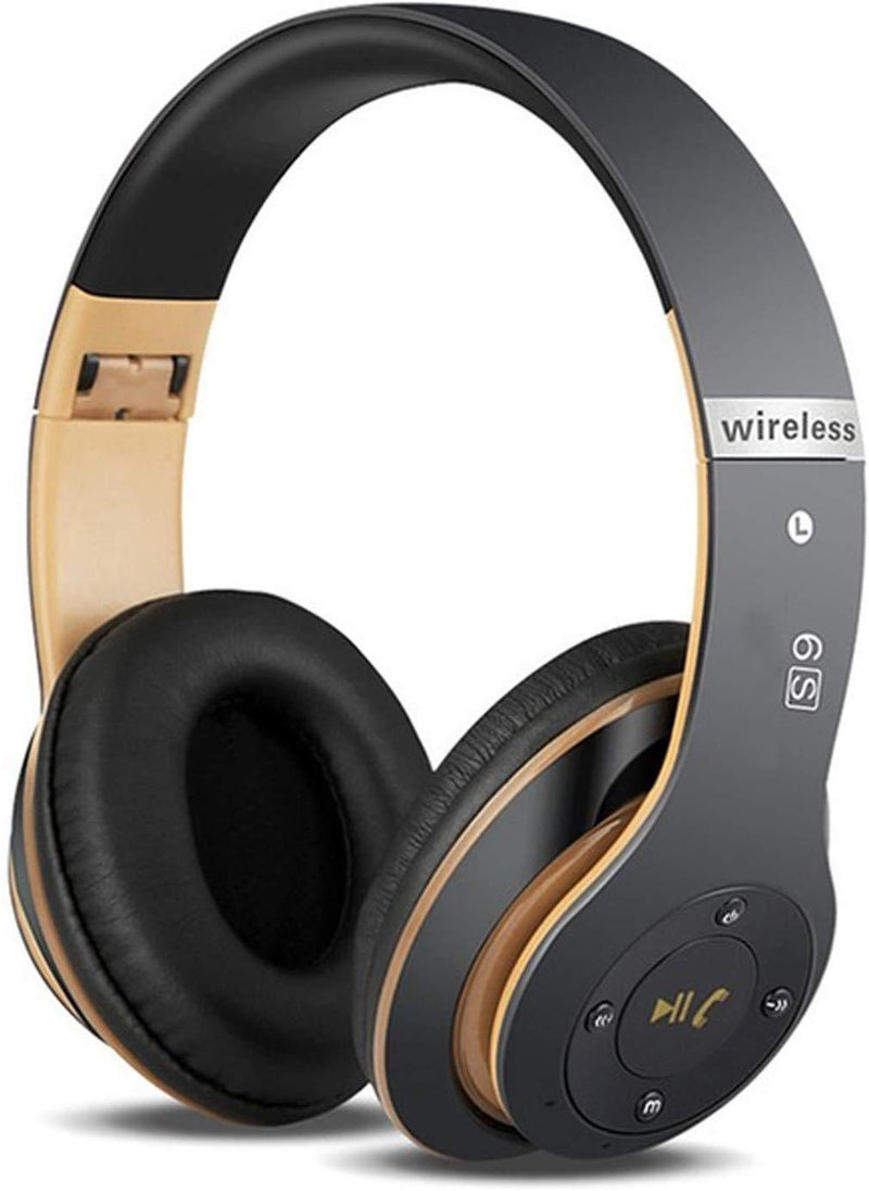 6S Wireless Headphones Over Ear,Noise Cancelling Foldable Wireless Stereo Headsets Earbuds with Built-in Mic, Micro SD/TF, FM for iPhone/Samsung/iPad/PC (Black & Gold)