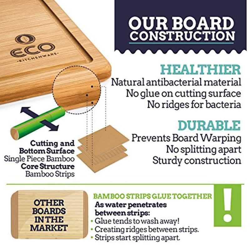 Extra Large Single Piece Surface Bamboo Wood Cutting and Chopping Board 18x13" with Drip Groove by Eco Kitchenware