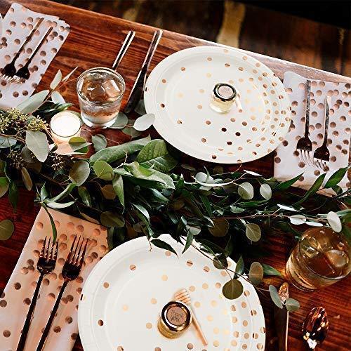 300PCS Rose Gold Paper Party Supplies - Disposable Paper Plates Dinnerware Set Rose Gold Dots 50 Dinner Plates 50 Dessert Plates 50 Cups 50 Napkins 50 Straws 50 Balloons Birthday Party Wedding Holiday Rose Gold