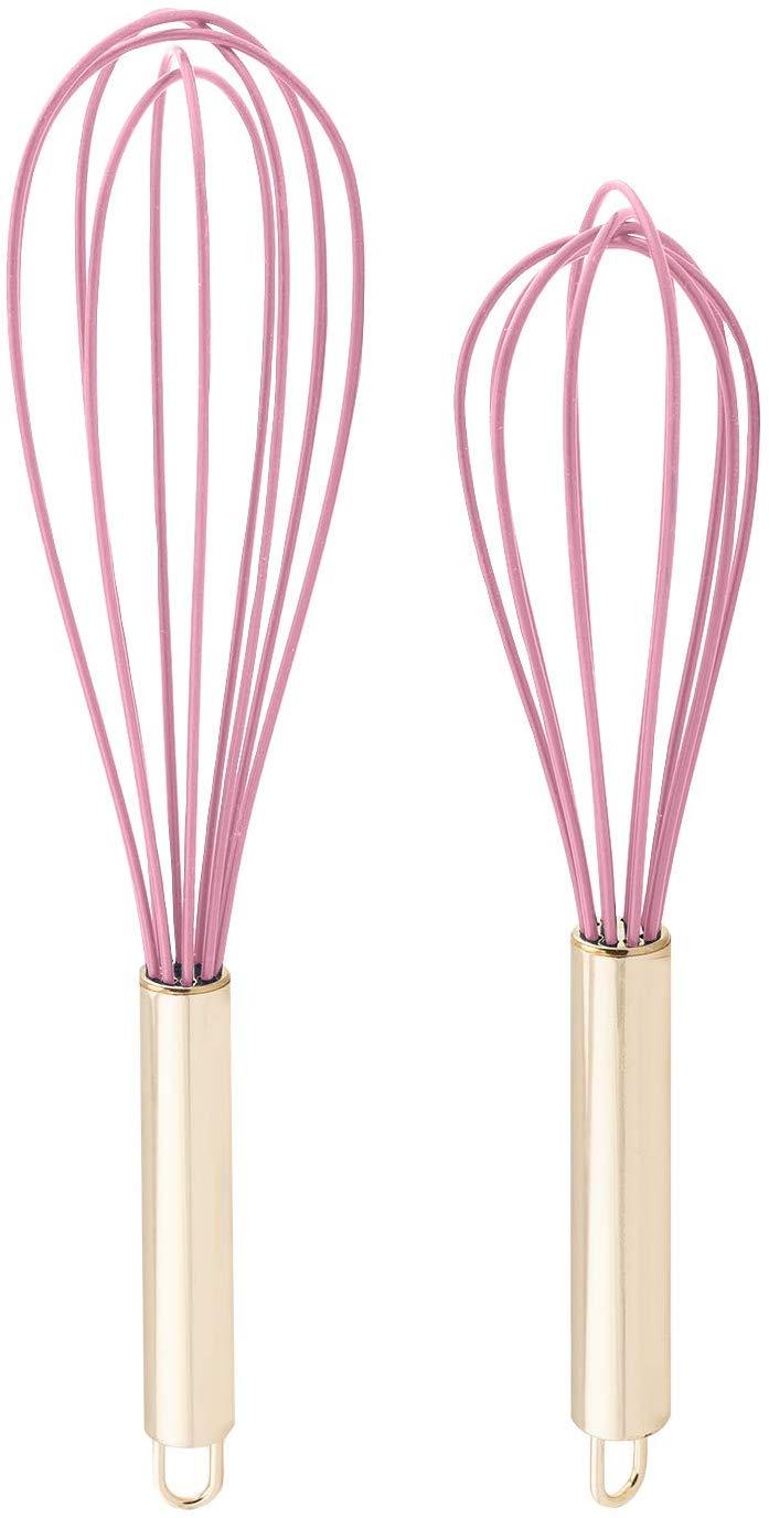 TEEVEA  Set of 2 Whisks, 10” and 12” Beaters, Stainless Steel and Silicone – Gold and Red