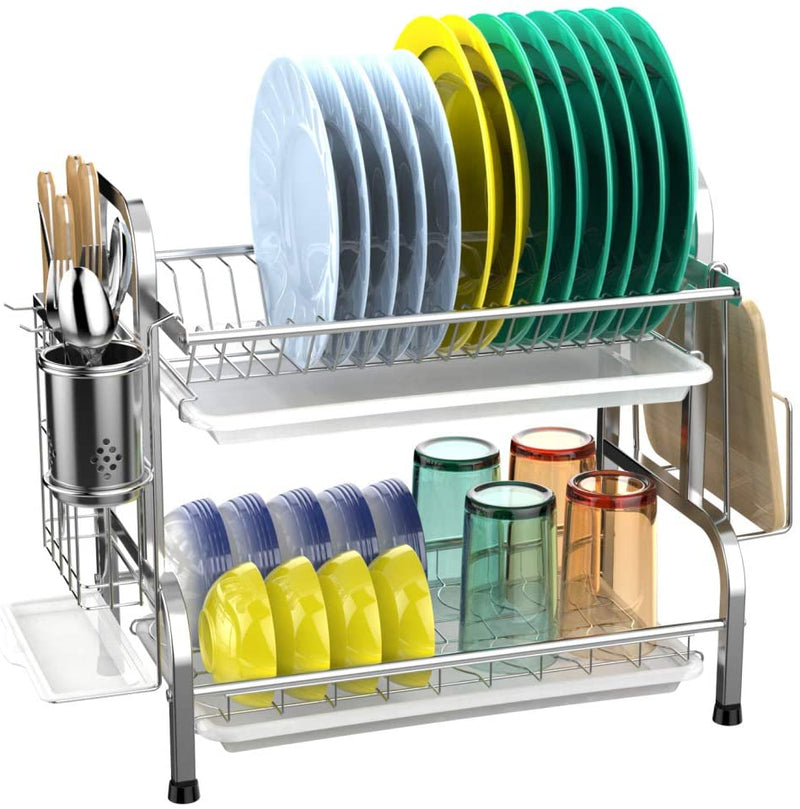 Miligore Dish Drying Rack, 2 Tier 304 Stainless Steel Dish Rack with Utensil Holder, Cutting Board Holder and Dish Drainer for Kitchen Counter, Silver