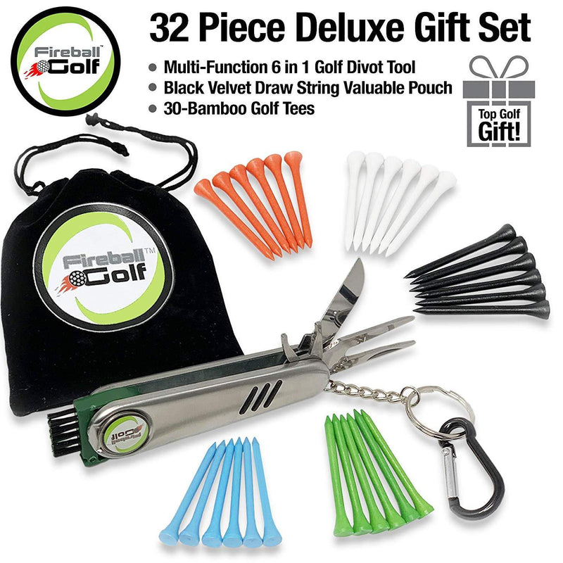 Fireball Golf - Golf Divot Tool Gift Set for men with Ball Marker, 6 in 1 Golf Divot Tool Gift Set with valuables pouch, 30 Golf Tee Accessories, Christmas Golf Gifts Men, Women, Dads, Moms, Kids