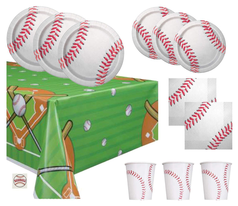 Baseball Theme Party Supplies Set - Plates, Cups, Napkins, Tablecloth Decoration (Serves 16)