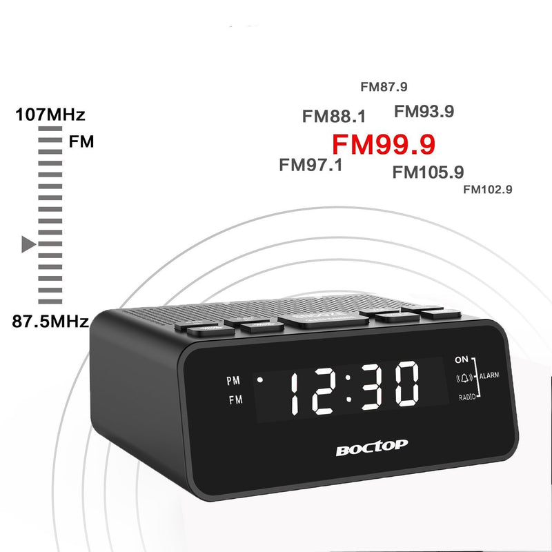 BOCTOP Digital LED Alarm Clock Radio with Sleep Timer FM Radio, 2A USB Charging Port, Dimmer, Snooze for Bedrooms