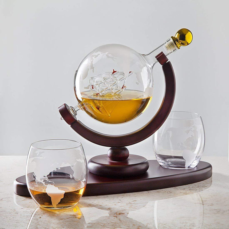 Godinger Whiskey Decanter Globe Set with 2 Etched Globe Whisky Glasses - for Liquor, Scotch, Bourbon, Vodka - 850ml