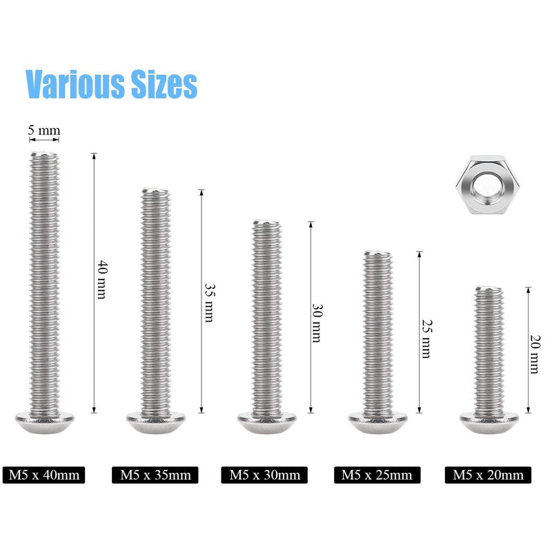 DYWISHKEY 100 Pieces M5 x 20mm/25mm/30mm/35mm/40mm Stainless Steel 304 Hex Button Head Cap Bolts and Nuts Kit