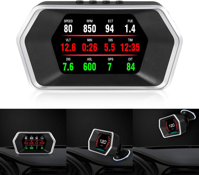 Car HUD OBD2/GPS Dual Systems Head Up Display iKiKin Digital Car GPS Speedometer with Compass Test Brake Test Fault Code Reader Engine RPM OverSpeed Alarm Water Temperature for All Vehicle