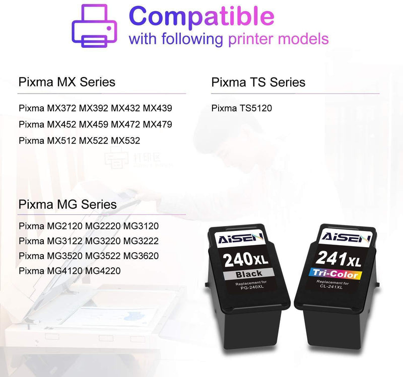 AISEN Remanufactured Canon Ink Cartridges 240 and 241 Replacement for Canon PG-240XL 240 XL CL-241XL 241 XL Used in PIXMA MG3620 TS5120 MX472 MX452 MG3522 MG2120 MG3520 MG3220 (1 Black 1 Tri-Color)