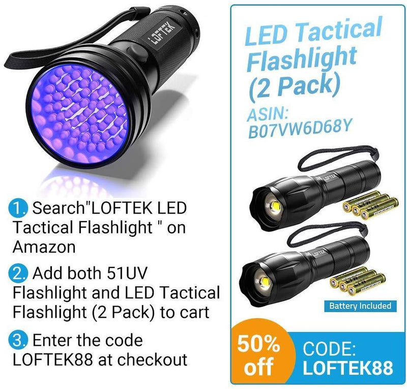 UV Flashlight Black LOFTEK Light, 51 LED 395 nM Ultraviolet Flashlight Perfect Detector for Pet (Dog and Cat ) Urine, Dry Stains and Bed Bug, Handheld Blacklight for Scorpion Hunting