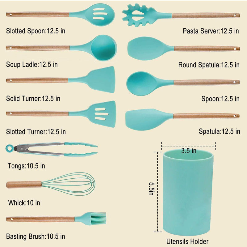 Kitchen Utensil Set Silicone Cooking Utensils, CROSDE 15pcs Kitchen Utensils Set Tools Wooden Handles Spatula Set Cookware Turner Tongs Spatula Spoon Kitchen Gadgets with Holder - Teal