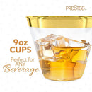 200 Gold Plastic Cups | 9 oz | Hard Disposable Cups | Plastic Wine Cups | Plastic Cocktail Glasses | Plastic Drinking Cups | Bulk Party Cups | Wedding Tumblers | Clear Plastic Cups With Gold Rim by Prestee