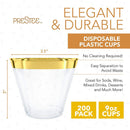 200 Gold Plastic Cups | 9 oz | Hard Disposable Cups | Plastic Wine Cups | Plastic Cocktail Glasses | Plastic Drinking Cups | Bulk Party Cups | Wedding Tumblers | Clear Plastic Cups With Gold Rim by Prestee