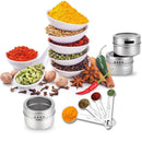 24 Magnetic Spice Tins, 117 PVC Spice Labels, 4 Stainless Steel Measuring Spoons and Recipes E-book by Sanquility. Round Storage Spice Jars Set of 24, Clear Top Lid with Sift or Pour