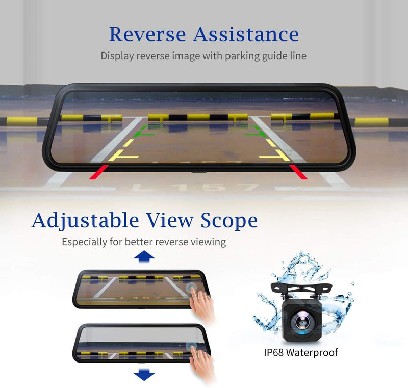 Dash Cam, DuDuBell 10" Mirror Dash Cam with Reverse Assistance, Backup Camera Dual 1080P External GPS, Front and Sony IMX323 Rear Camera with Night Vision IPS Touch Screen Wide Angle HDR+