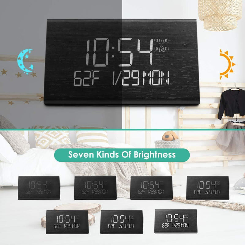 Wooden Digital Alarm Clock with 7 Levels Adjustable Brightness, Voice Command Electric LED Bedside Travel Triangle Alarm Clock, Display Time Date Week Temperature for Bedroom Office Home