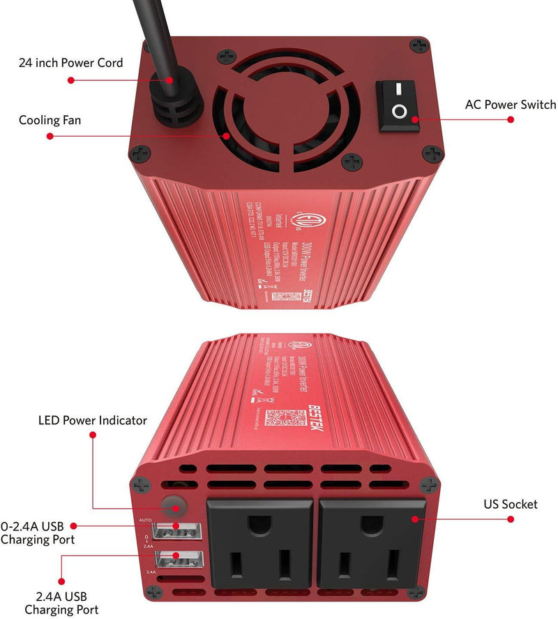 BESTEK 300W Power Inverter DC 12V to 110V AC Car Inverter with 4.2A Dual USB Car Adapter