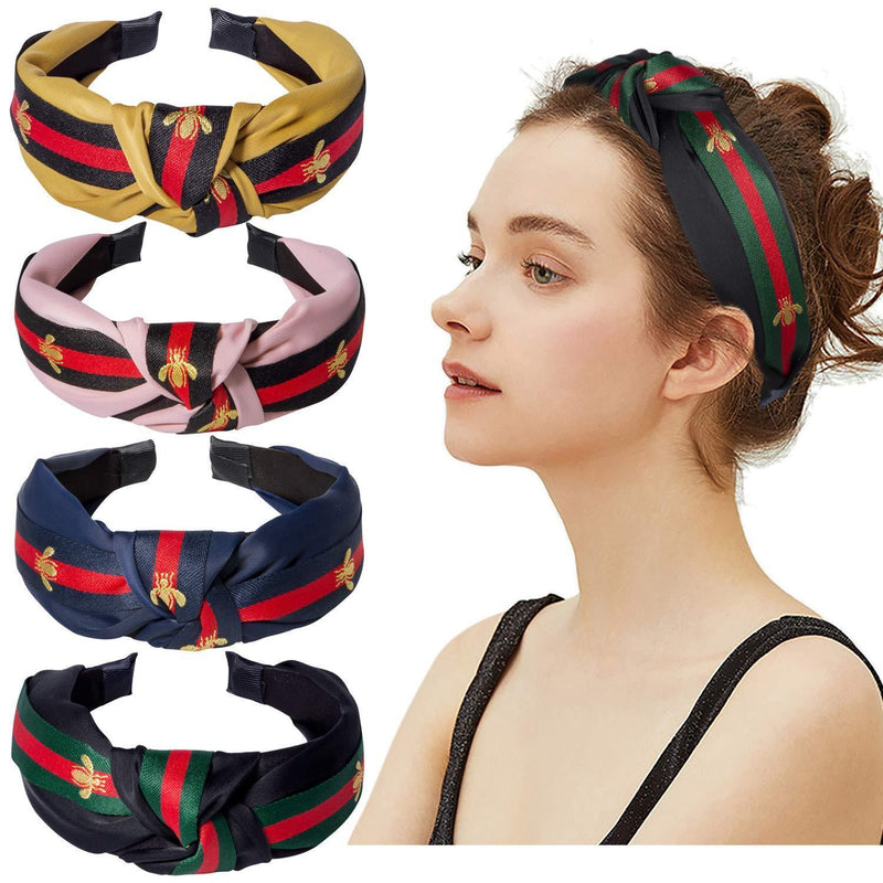 Cute Knot Headbands for Women - 4 Pack Hair Hoops Wide Stripe Headband with Bee Animal, Cross Knot Hair Band with Cloth Wrapped