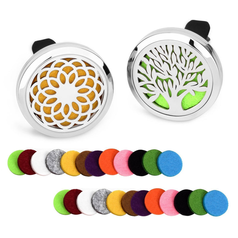 abooxiu 2 Pack Car Aromatherapy Essential Oil Diffuser Vent Clip, Stainless Steel Air Freshener Lockets 24 Felt Pads (Tree + Sunflower)