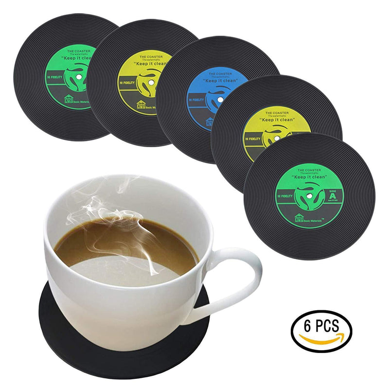 Coasters for Drinks Silicone Coaster with Holder - Set of 6 Round Absorbent Coaster - Large 4 inch Art Car Bar Tea Coffee Table Mug Beer Bottle Beverages for Wine Glass Black Rubber Cup Mat