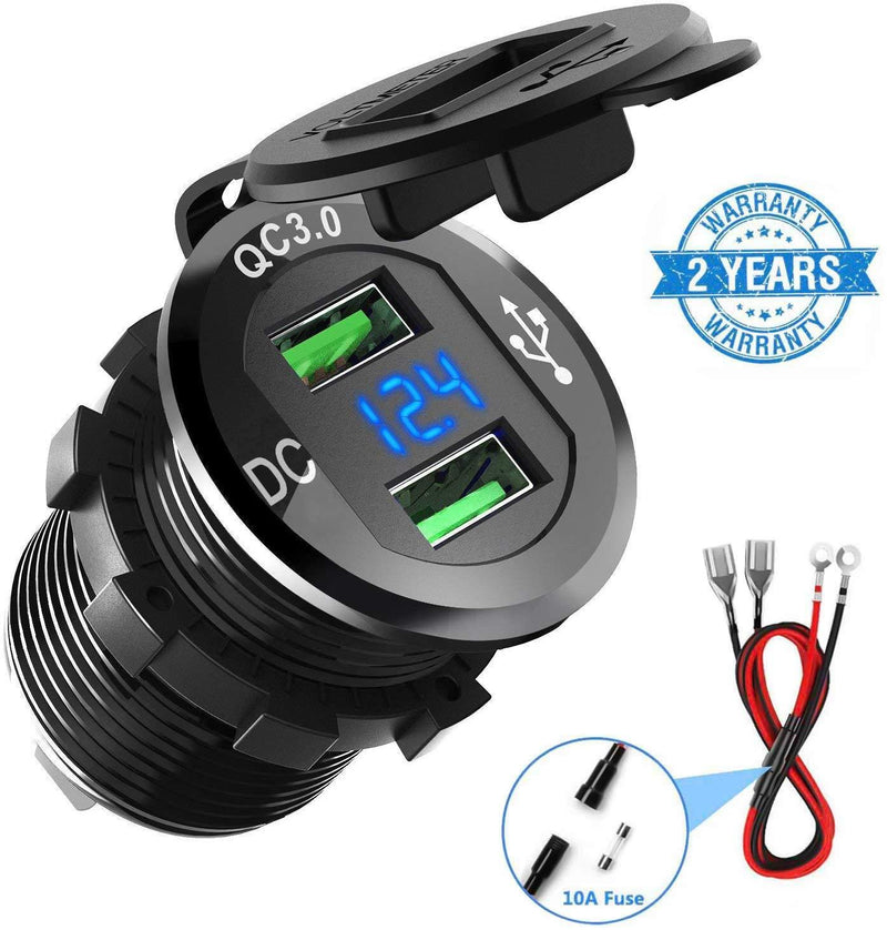 Quick Charge 3.0 Car Charger, CHGeek 12V/24V 36W Aluminum Waterproof Dual QC3.0 USB Fast Charger Socket Power Outlet with LED Digital Voltmeter for Marine, Boat, Motorcycle, Truck, Golf Cart and More